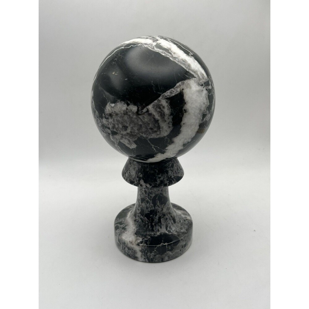 Vintage Natural Black White 7 in Marble Orb Sphere Sculpture Pedestal - Picture 2 of 5